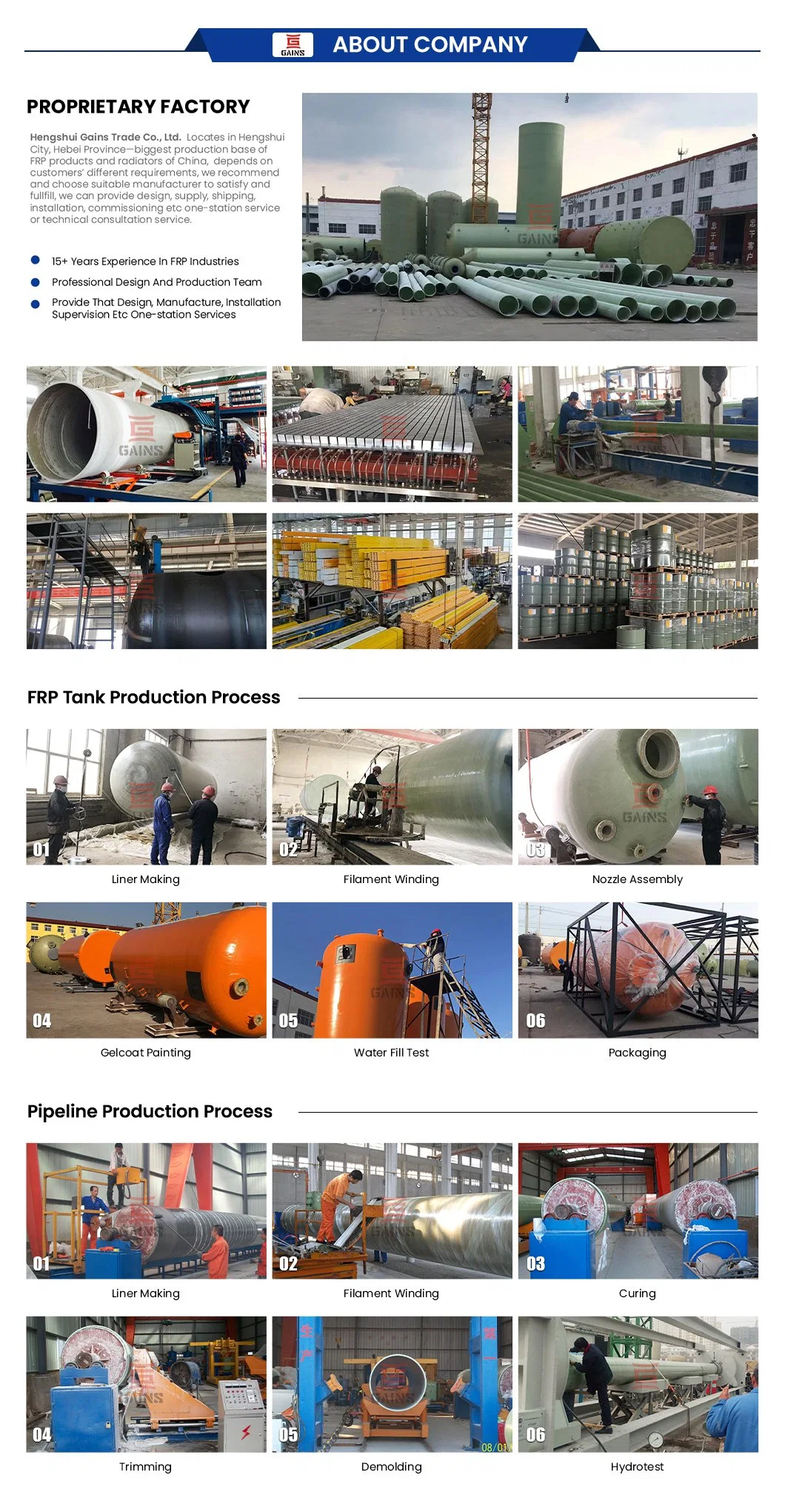 Gains PP FRP Winding Tank Manufacturers China GRP FRP Fiberglass Winding Tank